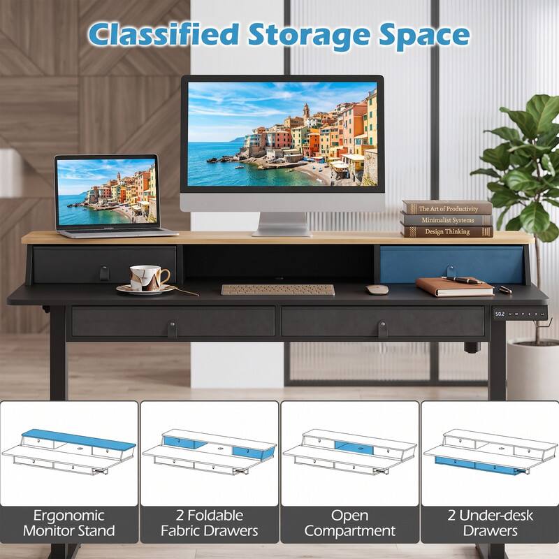 Classified Storage Space

The Art of Productivity
Minimalist Systems
Design Thinking

502

Ergonomic Monitor Stand
2 Foldable Fabric Drawers
Open Compartment
2 Under-desk Drawers