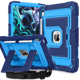 Dteck - Heavy Duty Rugged Case for Apple iPad A16 (11th Generation, 2025) with Multi-Angle Kickstand and Shoulder Strap - Navy Blue