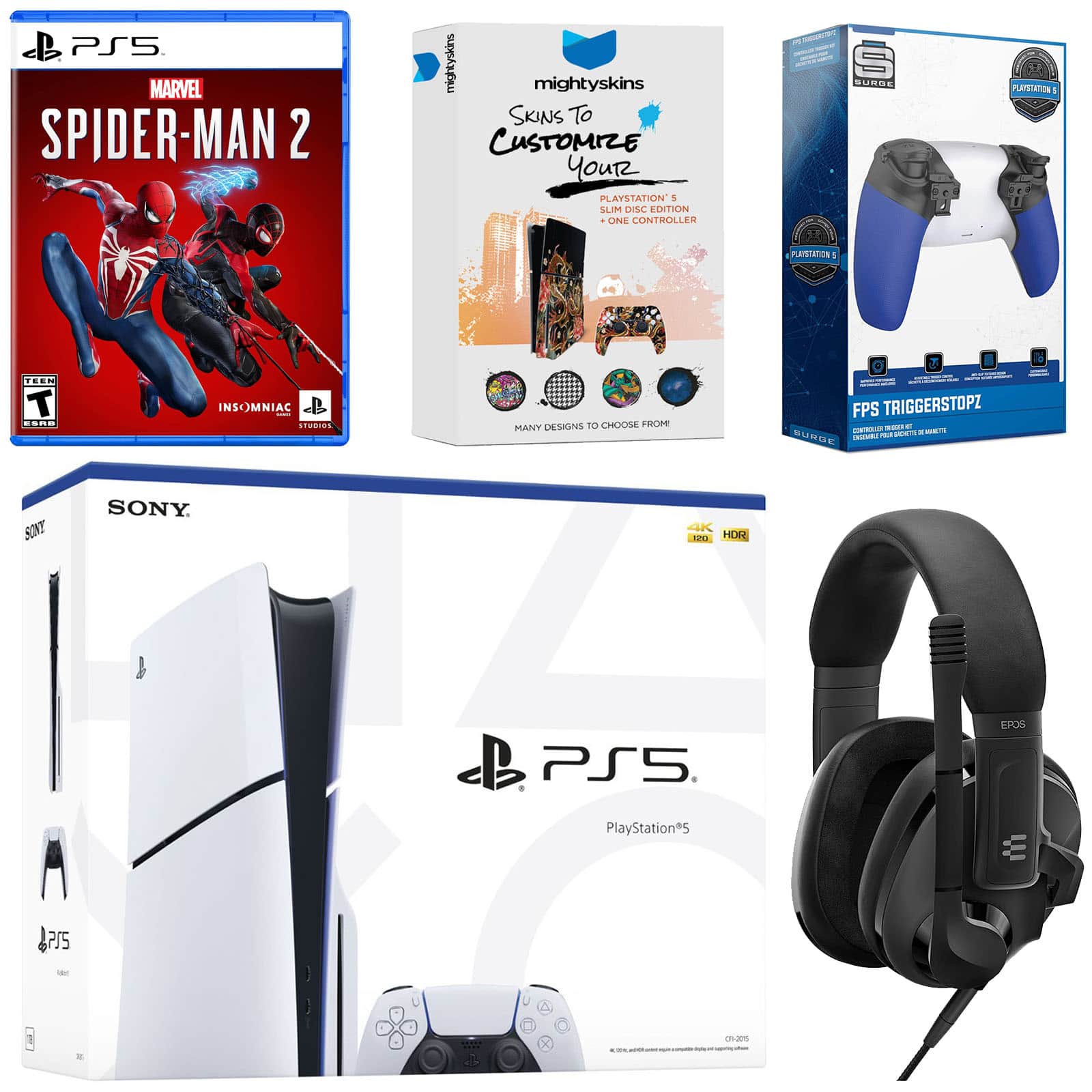 PlayStation 5 Slim Disc Bundle with Spider-Man 2, EPOS Headset, Trigger Kit and MightySkins Code - PlayStation 5