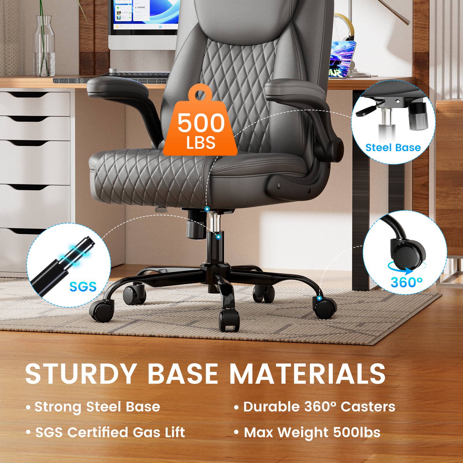 - 500 LBS Steel Base
- SGS 360
- STURDY BASE MATERIALS
- Strong Steel Base
- Durable 360 Casters
- SGS Certified Gas Lift
- Max Weight 500lbs