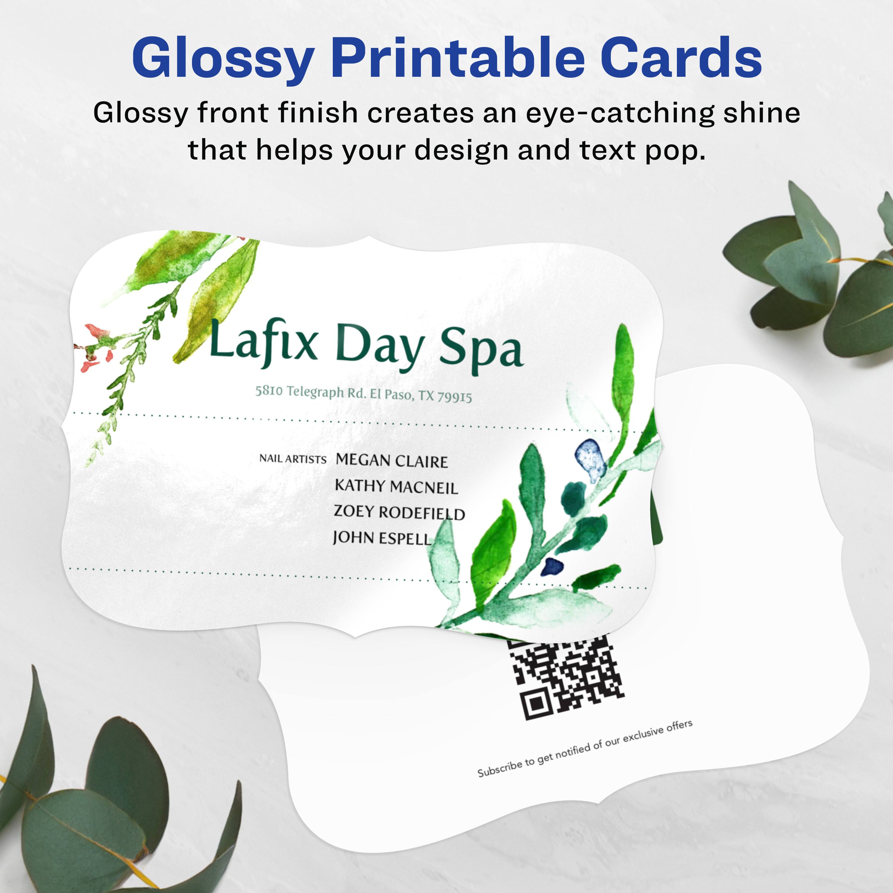Glossy Printable Cards  
Glossy front finish creates an eye-catching shine that helps your design and text pop.

Lafix Day Spa  
5810 Telegraph Rd. El Paso, TX 79915

NAIL ARTISTS  
MEGAN CLAIRE  
KATHY MACNEIL  
ZOEY RODEFIELD  
JOHN ESPELL

Subscribe to get notified of our exclusive offers