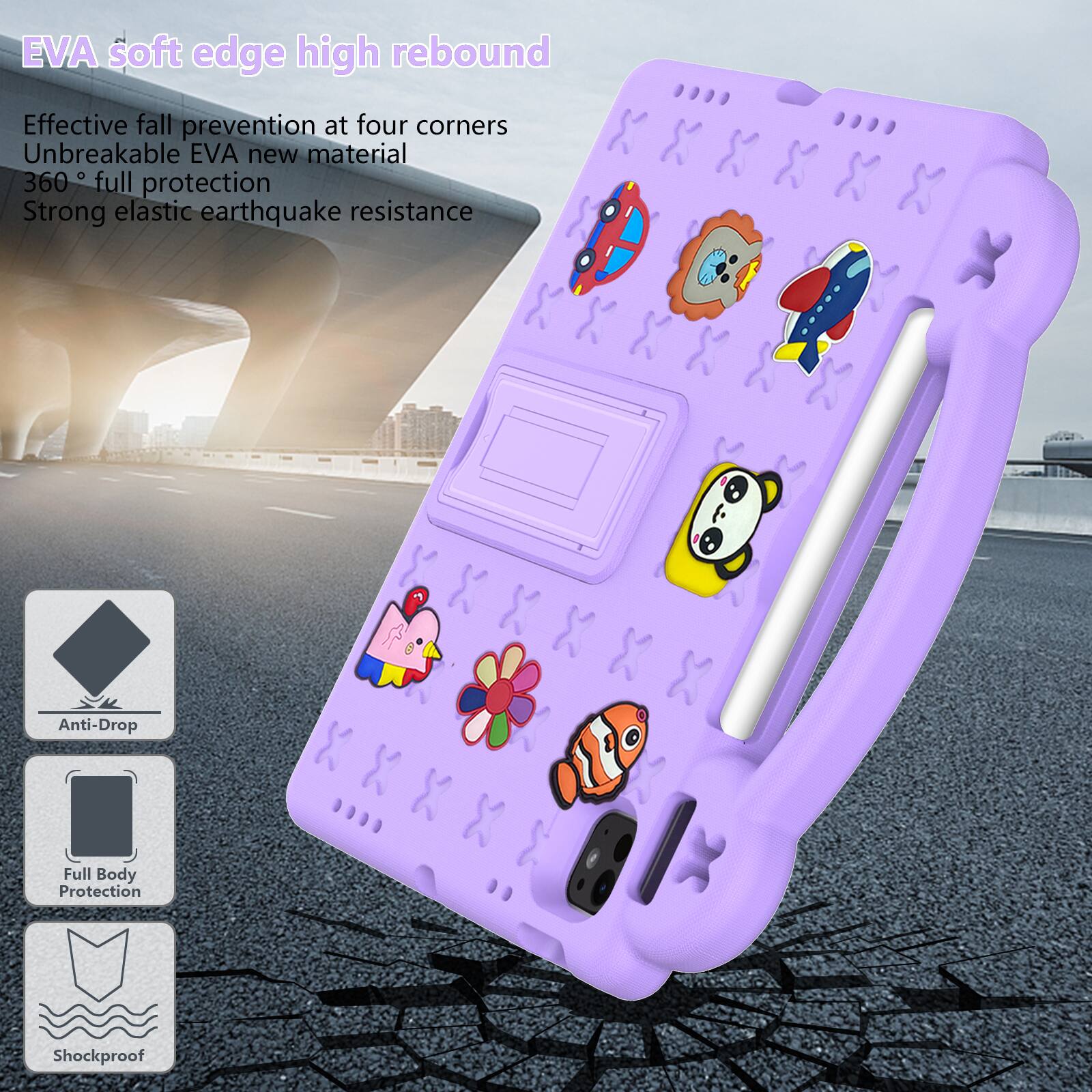 EVA soft edge high rebound  
Effective fall prevention at four corners  
Unbreakable EVA new material  
360° full protection  
Strong elastic earthquake resistance  

Anti-Drop  
Full Body Protection  
Shockproof