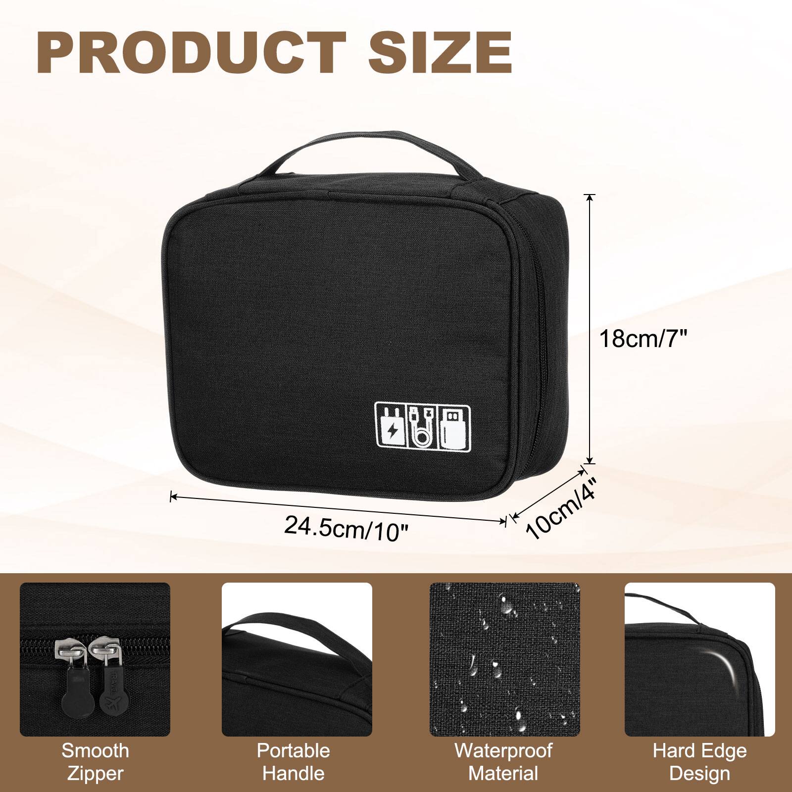PRODUCT SIZE

18cm/7"  
24.5cm/10"  
10cm/4"

- Smooth Zipper
- Portable Handle
- Waterproof Material
- Hard Edge Design
