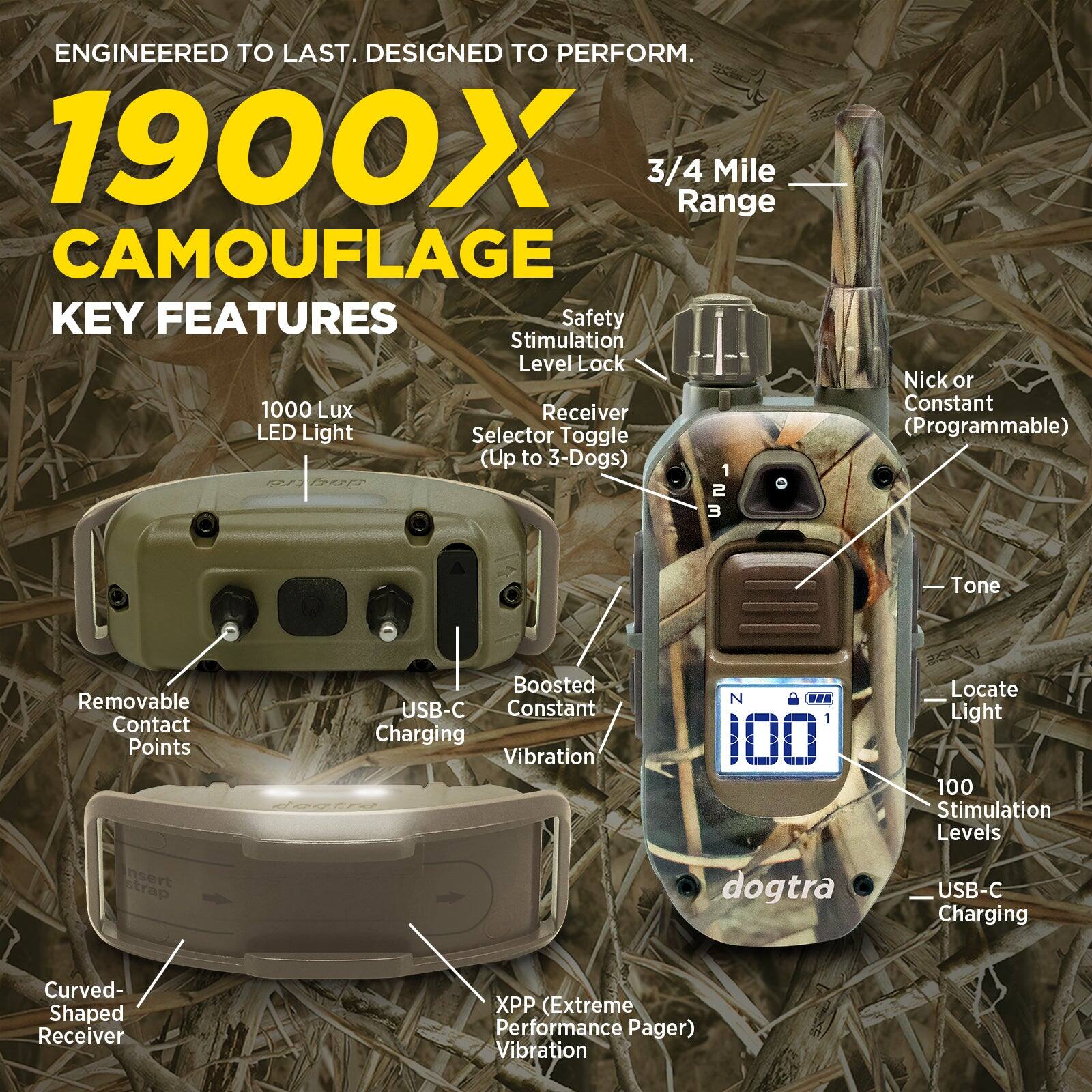 ENGINEERED TO LAST. DESIGNED TO PERFORM.  
1900X CAMOUFLAGE  
KEY FEATURES  
- 3/4 Mile Range  
- 1000 Lux LED Light  
- Safety Stimulation Level Lock  
- Receiver Selector Toggle (Up to 3-Dogs)  
- Nick or Constant (Programmable) Tone  
- Locate Light  
- 100 Stimulation Levels  
- USB-C Charging  
- Boosted Constant Vibration  
- Removable Contact Points  
- Curved-Shaped Receiver  
- XPP (Extreme Performance Pager) Vibration