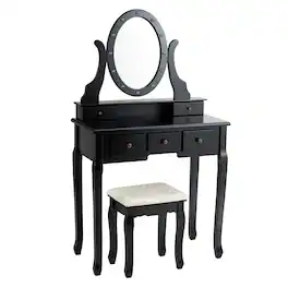 Costway - Vanity Set Makeup Dressing Table w/5 Drawers 12 LED Bulb - Black