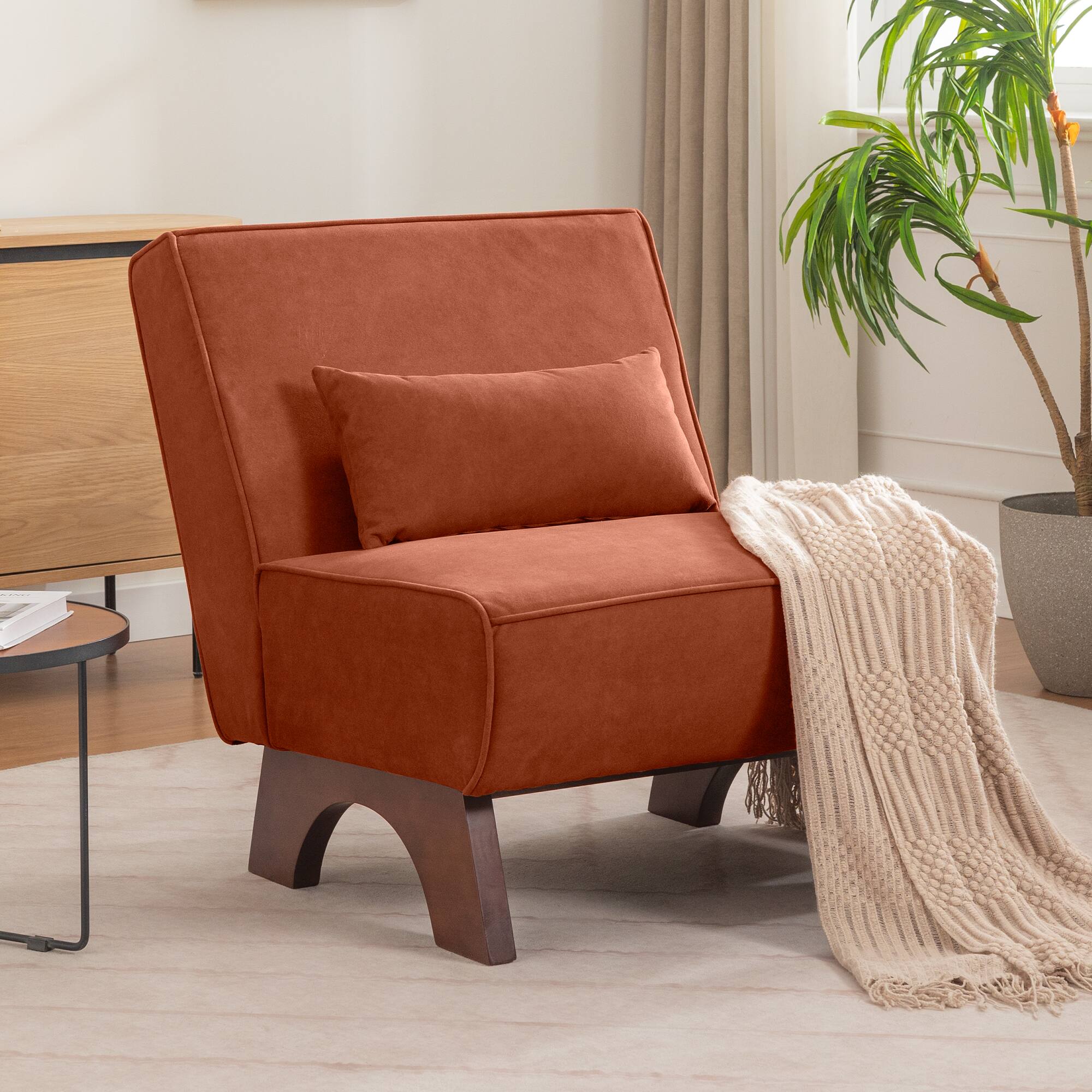 Alt View 4. KERDOM - Upholstered Armless Accent Lounge Chair, Modern Living Room Sofa Chair with Pillow, Reading Corner Leisure Side Chair - Pumpkin Brown.