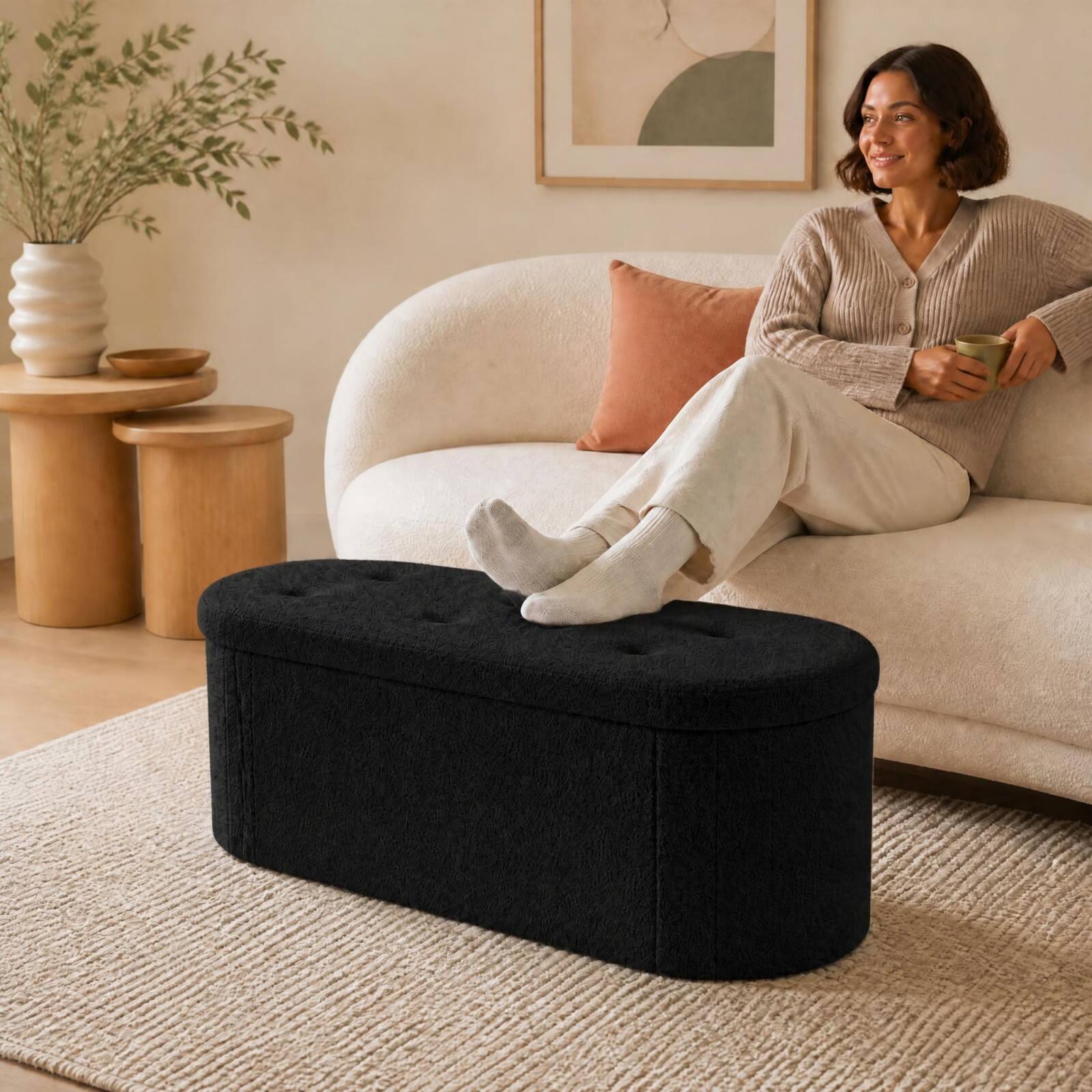 Alt View 4. Costway - Costway Storage Ottoman Bench 43" Oval Ottoman with Dividers Folding Teddy Boucle Footrest - Black.