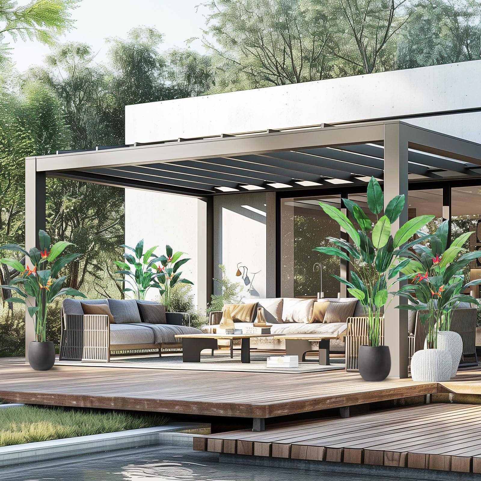 Alt View 2. Homhougo - Artificial Bird of Paradise Plant 7FT(84in) Fake Palm Tree with 17 Trunks Faux Leaves and 3 Faux Flowers - Green.