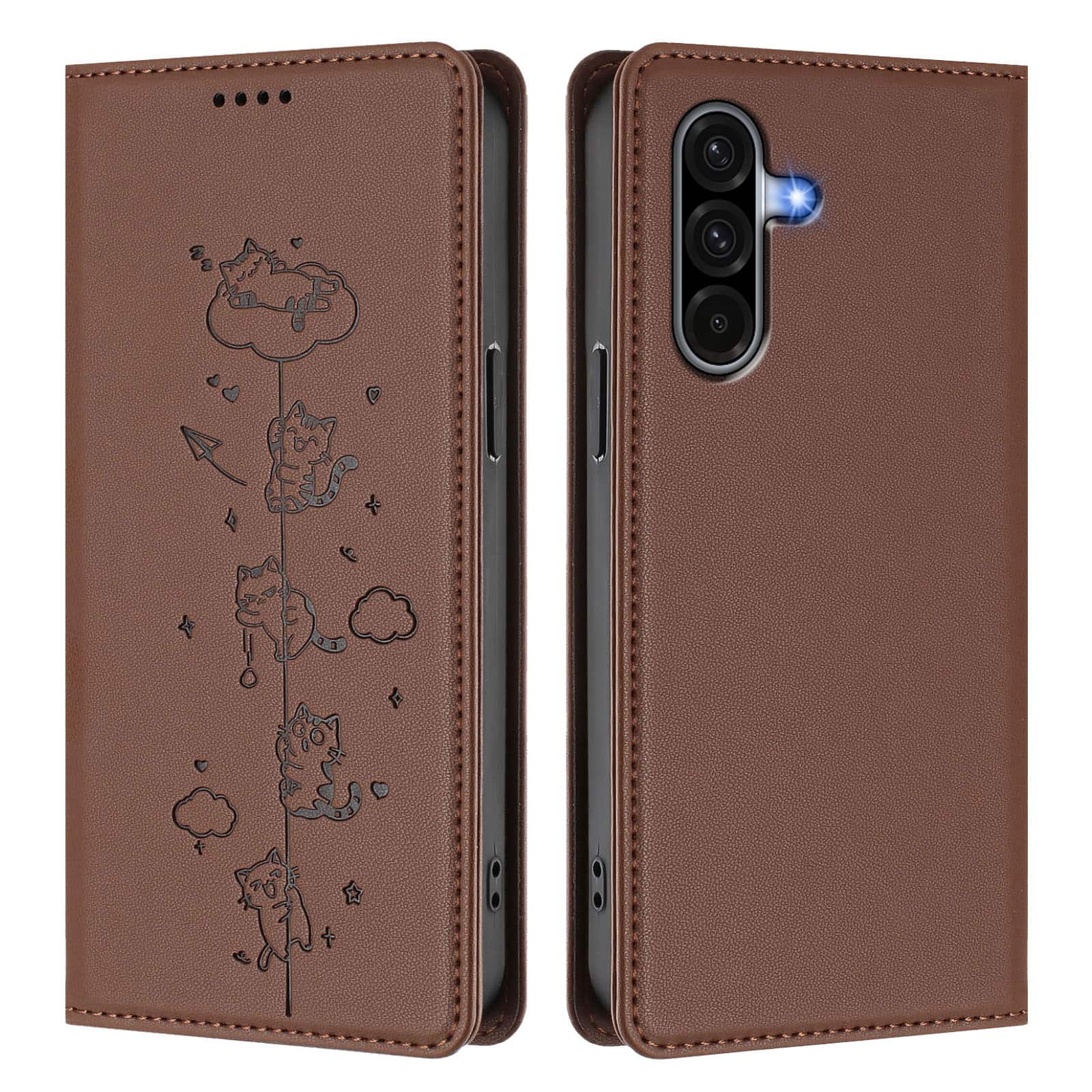 Dteck - for Samsung Galaxy A17 5G Shockproof Case,Slim Cute Cat Embossed PU Leather RFID Blocking Wallet Flip Card Holder Cover - Brown