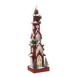 BreeBe - Lighted Winter Church Display with Pine Accents and Snowy Finish 19"H - Red, Green, White