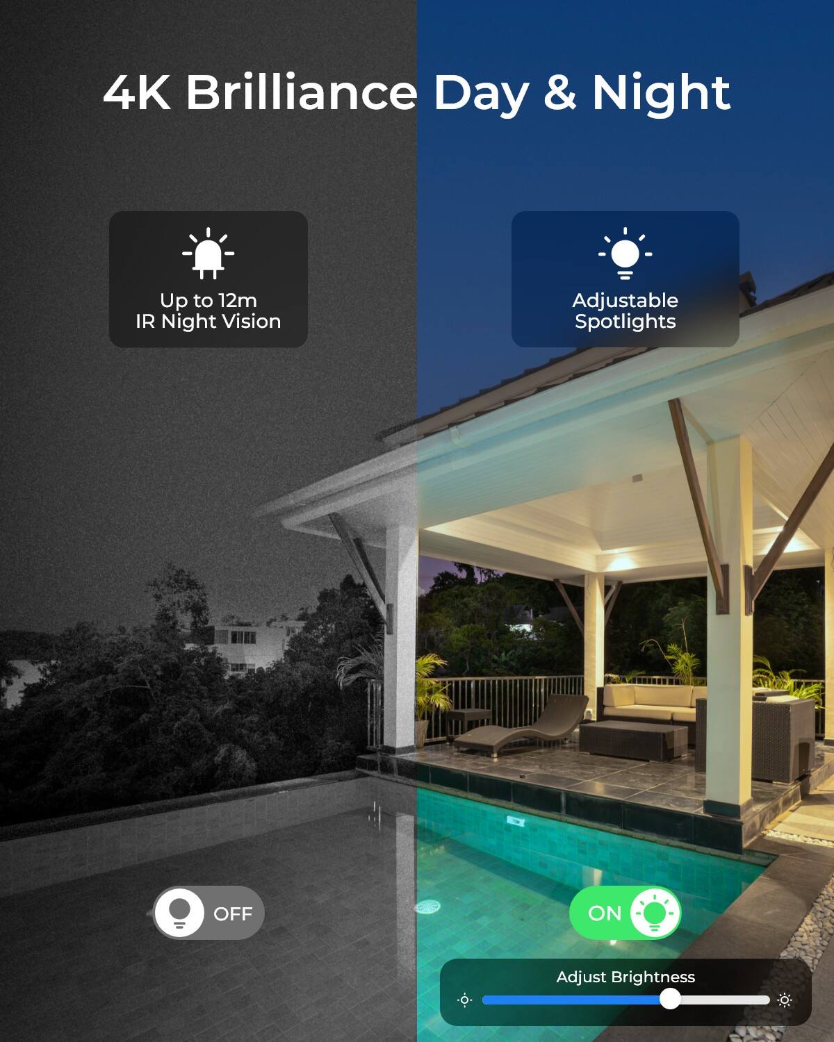 4K Brilliance Day & Night

- Up to 12m IR Night Vision
- Adjustable Spotlights

OFF ON

Adjust Brightness