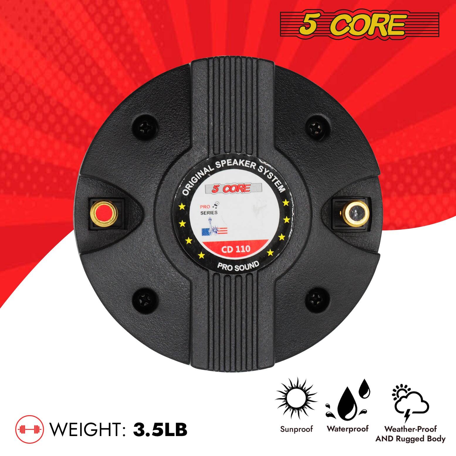 The corrected text is:

"5 CORE SPEAKER ORIGINAL 5 CORE SYSTEM PRO SERIES CD 110 PRO SOUND
WEIGHT: 3.5LB
Sunproof Waterproof Weather-Proof AND Rugged Body"