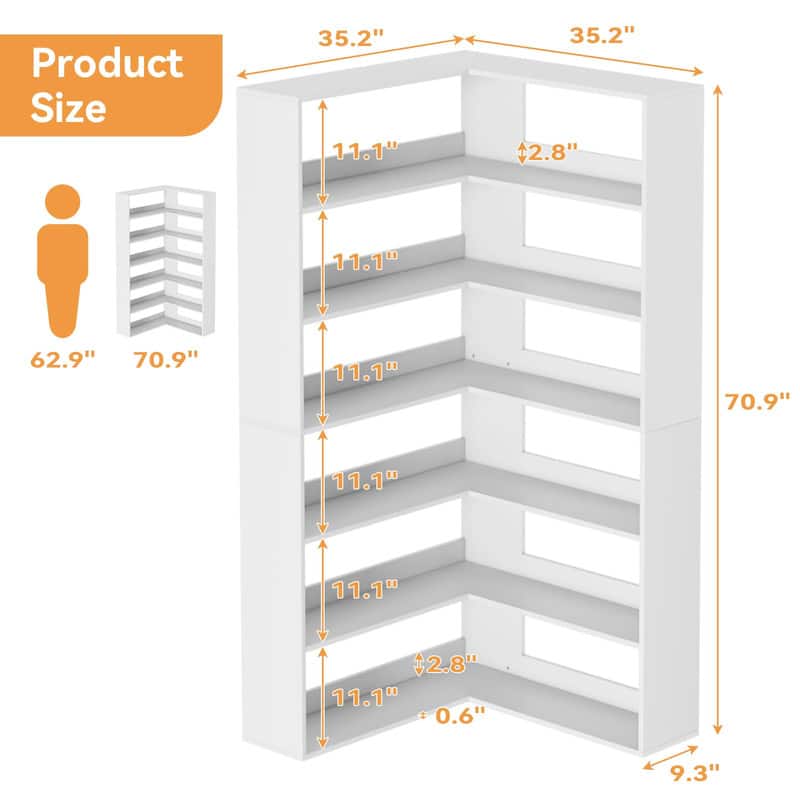 GARVEE - 6-Tier Corner Bookshelf - Tall L-Shaped Industrial Bookcase with Baffles, Modern Display Shelf for Bedroom, Office - White