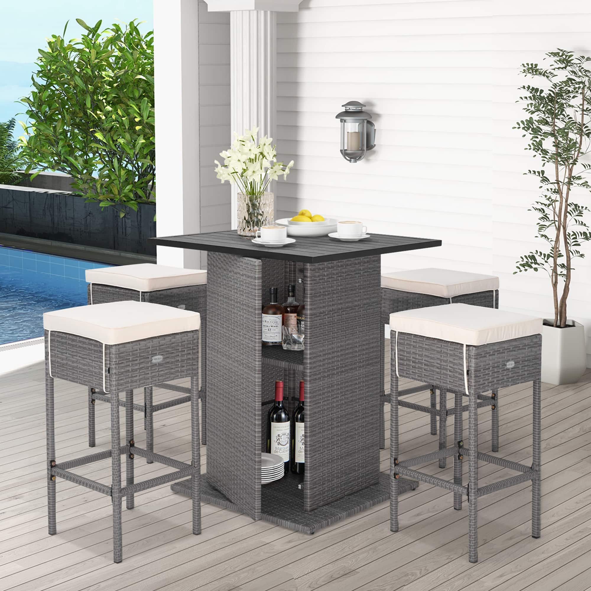 Costway - 5 PCS Outdoor Wicker Bar Table Set with Hidden Storage Shelves Bar Table Stools - Mix Gray/Beige
