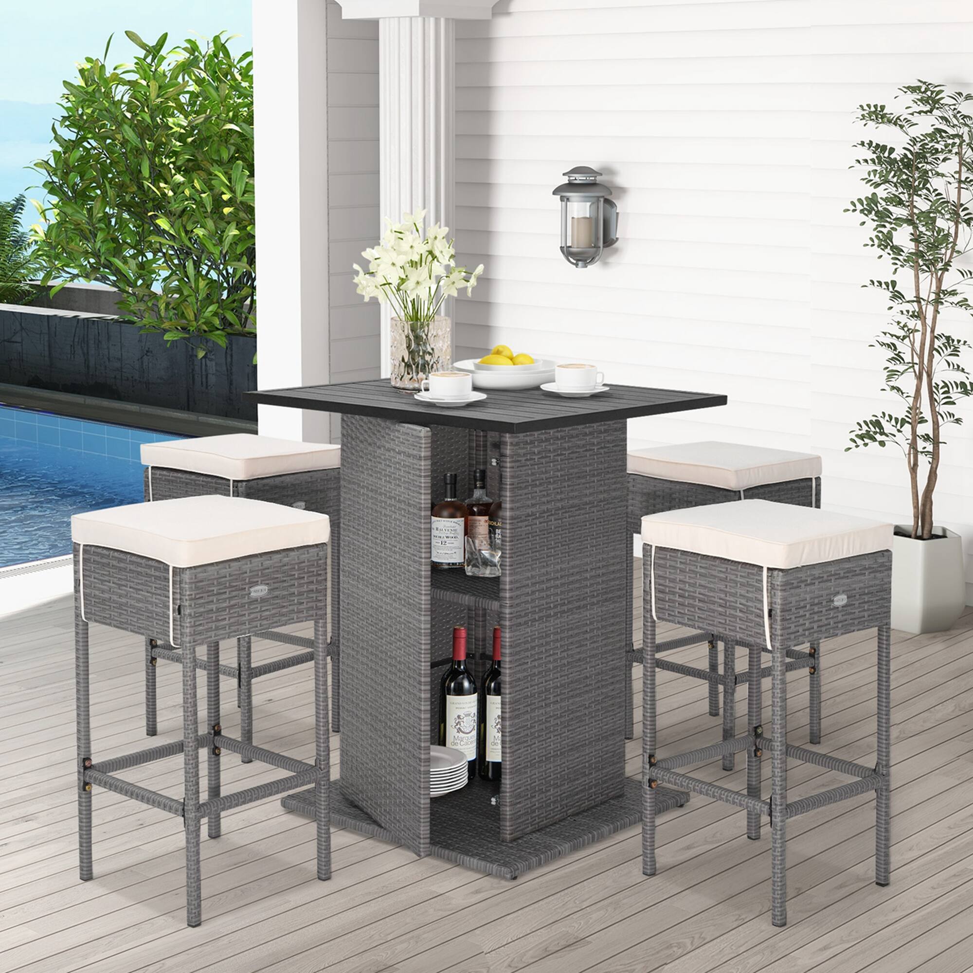 Alt View 1. Costway - Costway 5 PCS Outdoor Wicker Bar Table Set with Hidden Storage Shelves Bar Table  Stools - Mix Gray,Beige.