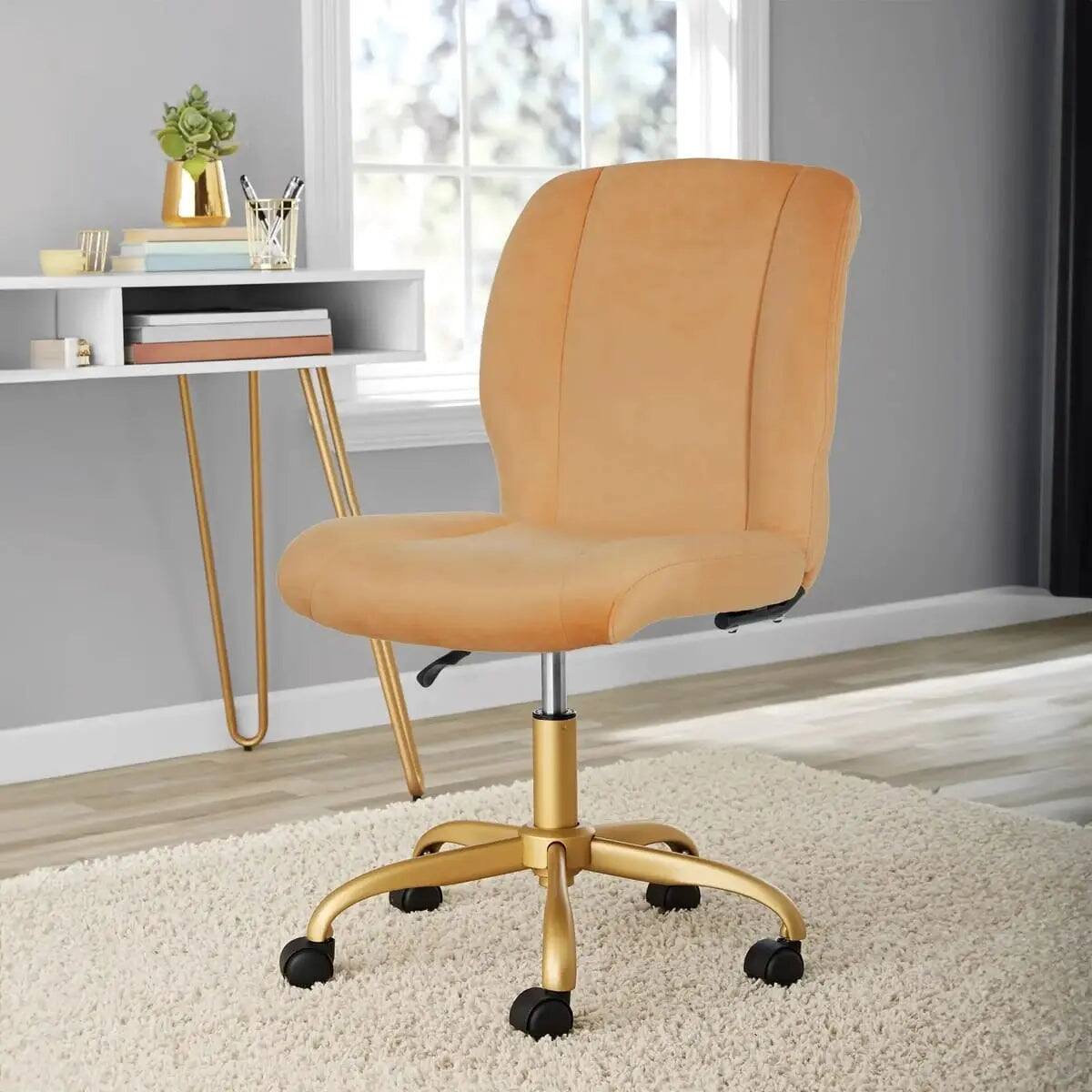 Alt View 1. Mainstays - Luxurious Plush Velvet Office Chair with Ergonomic Design and Adjustable Gold Base for Stylish Home Workspace - Gold.