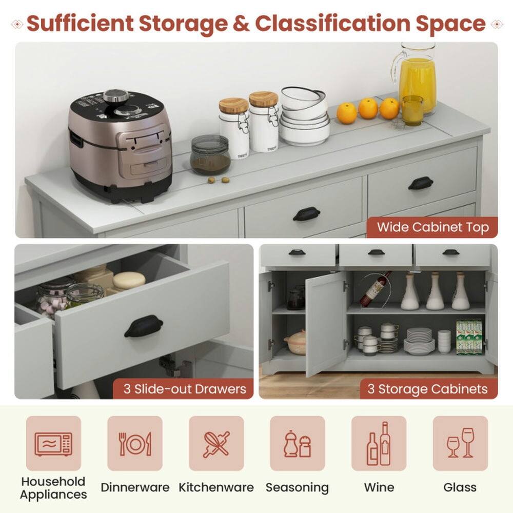 Sufficient Storage & Classification Space

- Wide Cabinet Top
- 3 Slide-out Drawers
- 3 Storage Cabinets

Household Appliances  
Dinnerware  
Kitchenware  
Seasoning  
Wine  
Glass