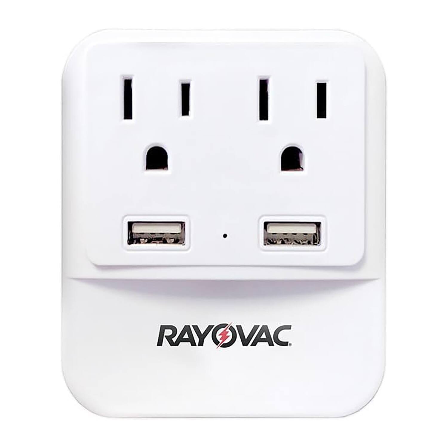 Left. Rayovac - 2-AC Outlet and 2-USB Port 300-Joule Portable Surge Protector Wall Tap with Phone Holder and Night-Light, SS-Q202 - White.