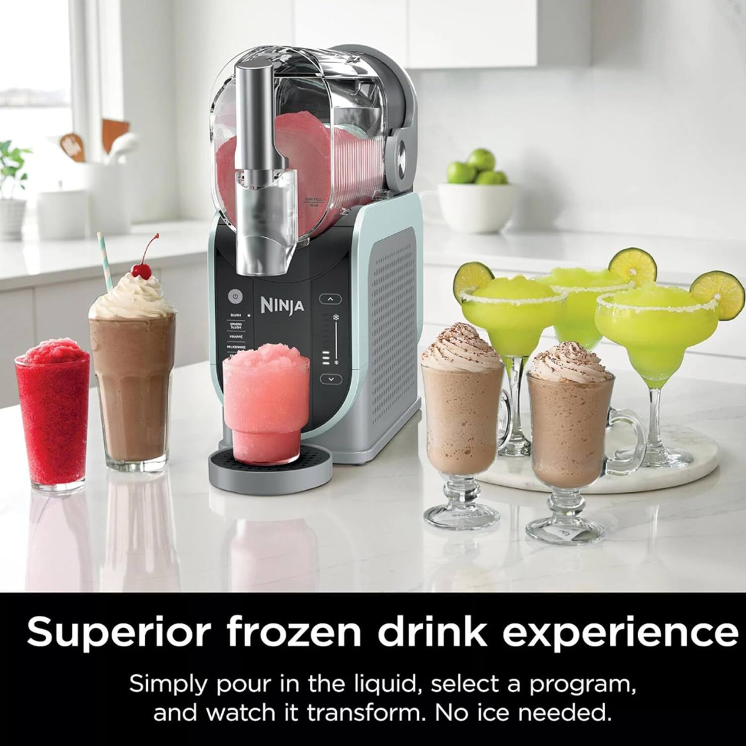 Superior frozen drink experience  
Simply pour in the liquid, select a program, and watch it transform. No ice needed.