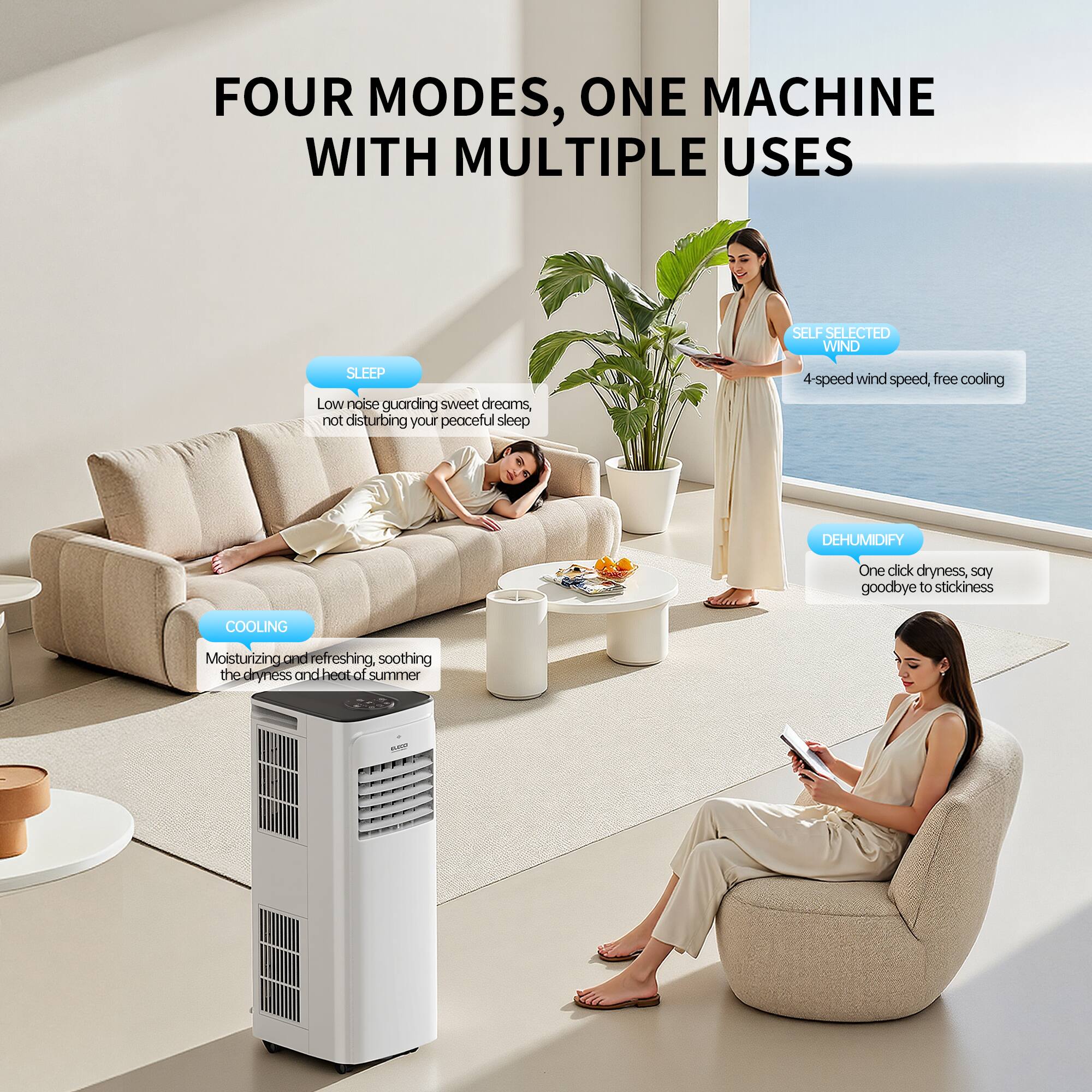 FOUR MODES, ONE MACHINE WITH MULTIPLE USES

SELF SELECTED WIND
4-speed wind speed, free cooling

SLEEP
Low noise guarding sweet dreams, not disturbing your peaceful sleep

DEHUMIDIFY
One click dryness, say goodbye to stickiness

COOLING
Moisturizing and refreshing, soothing the dryness and heat of summer