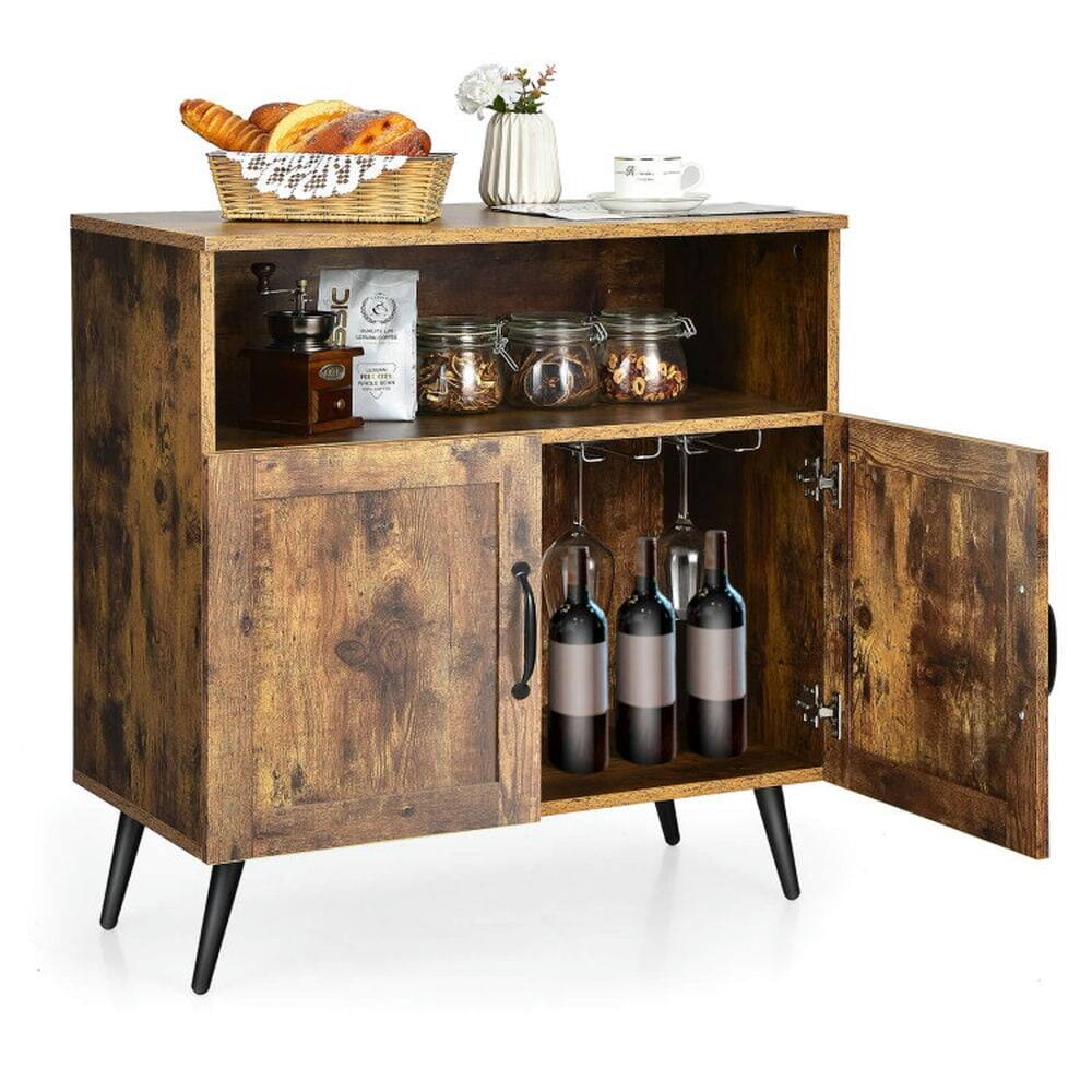 Alt View 1. Pefilos - Mid-century Wooden Storage Cabinet, Wine Glass Holders, Cabinet for Indoor, Rustic Brown - Brown.