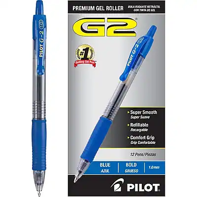 1. G-2 PILOT BOLA RODANTE RETRACTI PREMIUM GEL ROLLER CON TINTA DE GEL
2. G2 e # 1
3. Selling Cel Pen
4. PILOT Super Smooth Super Suave
5. Refillable Recargable
6. Comfort Grip Confortable
7. 12 Pens/Piezas
8. BLUE AZUL BOLD GRUESO
9. 1.0mm
10. PILOT