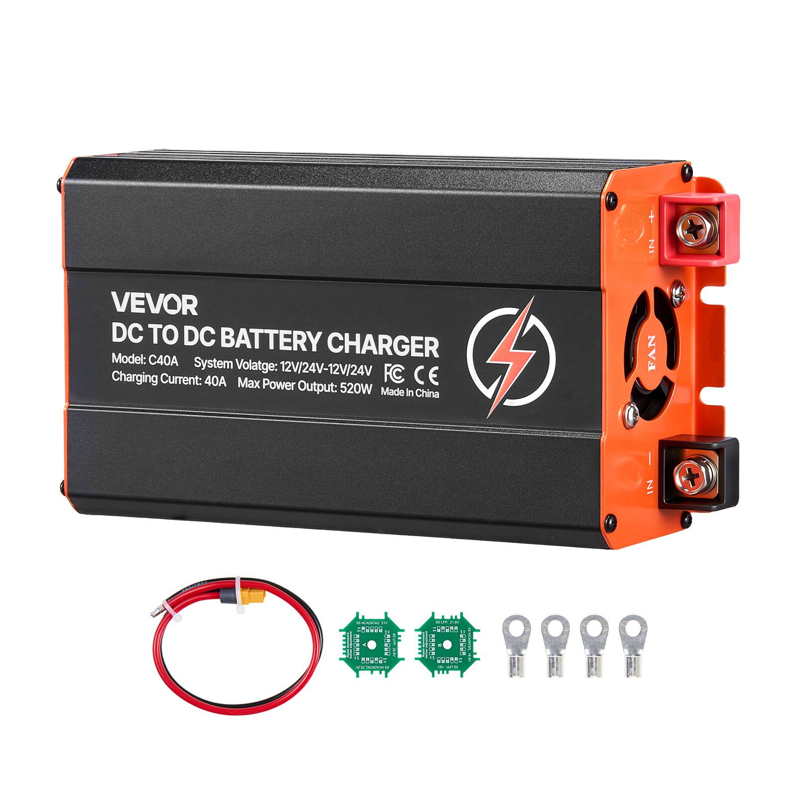 VEVOR DC TO DC BATTERY CHARGER  
Model: C40A  
System Voltage: 12V/24V-12V/24V  
Charging Current: 40A  
Max Power Output: 520W  
Made in China  

FAN  
DEMOCKS 20 - COOSE 888885 00006  
ASE DONKON ED  
,21 AAQARA