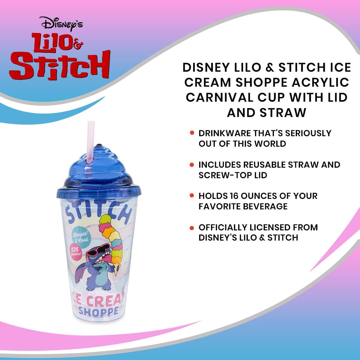 Disney's Lilo & Stitch Ice Cream Shoppe Acrylic Carnival Cup with Lid and Straw

Drinkware that's seriously out of this world
Includes reusable straw and screw-top lid
Holds 16 ounces of your favorite beverage
Officially licensed from Disney's Lilo & Stitch
