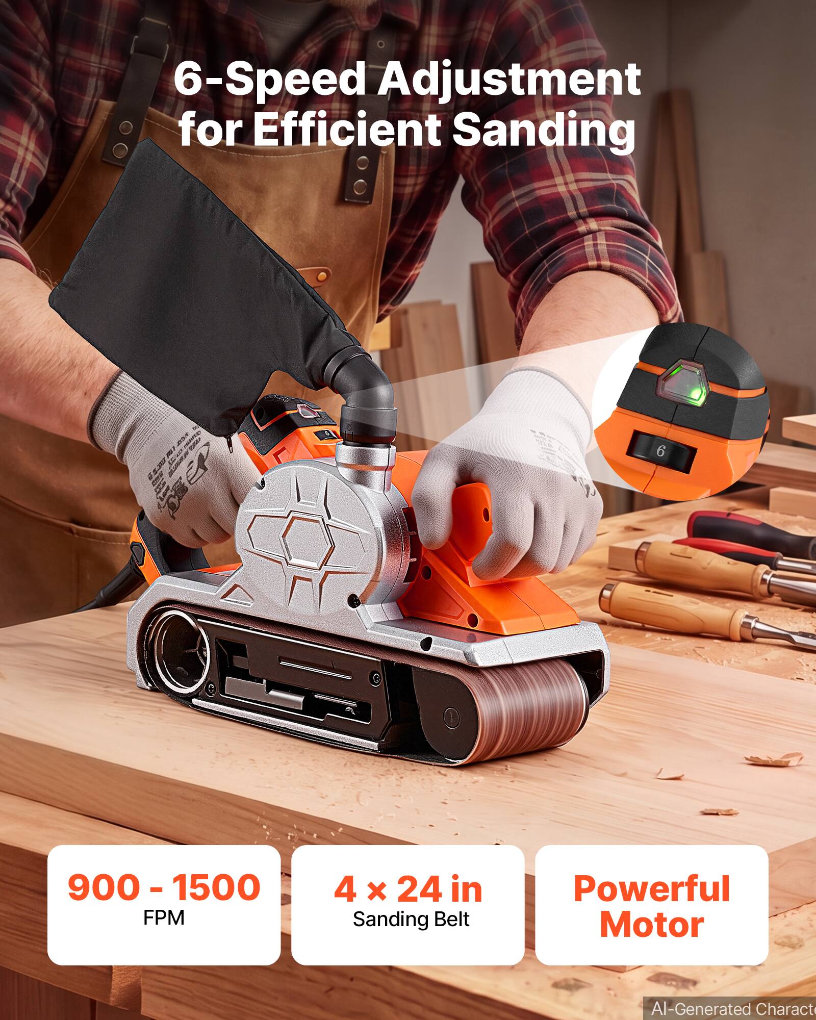 6-Speed Adjustment for Efficient Sanding

900 - 1500 FPM

4 x 24 in Sanding Belt

Powerful Motor

AI-Generated Character