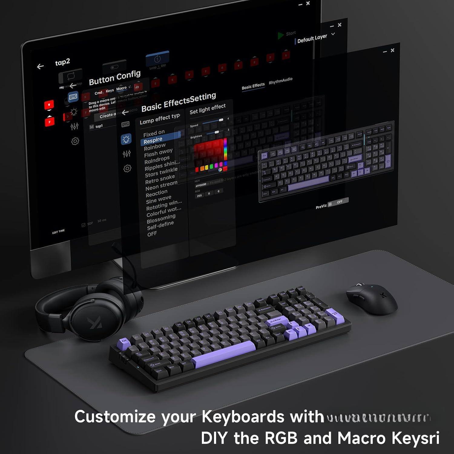 Sure, here is the corrected and grouped text:

---

**Button Config**
- Create a new layer
- Basic Effects
- EffectsSetting
- Device effect manager

**Basic Effects**
- Lamp effect type
  - Fixed on
  - Respire
  - Rainbow
  - Flash away
  - Raindrops
  - Stars twinkling
  - Ripples
  - Snake
  - Retro stream
  - Neon
  - Reaction
  - Sine wave win...
  - Rotating wat...
  - Colorful
  - Blossoming
  - Self-define

**EffectsSetting**
- Set light effect
- Set time
- Set speed
- Set color
- OFF

**RhythmAudio**
- Basic Effects
- Preview
- OFF

**Customize your Keyboards with**
DIY the RGB and Macro Keys!

---