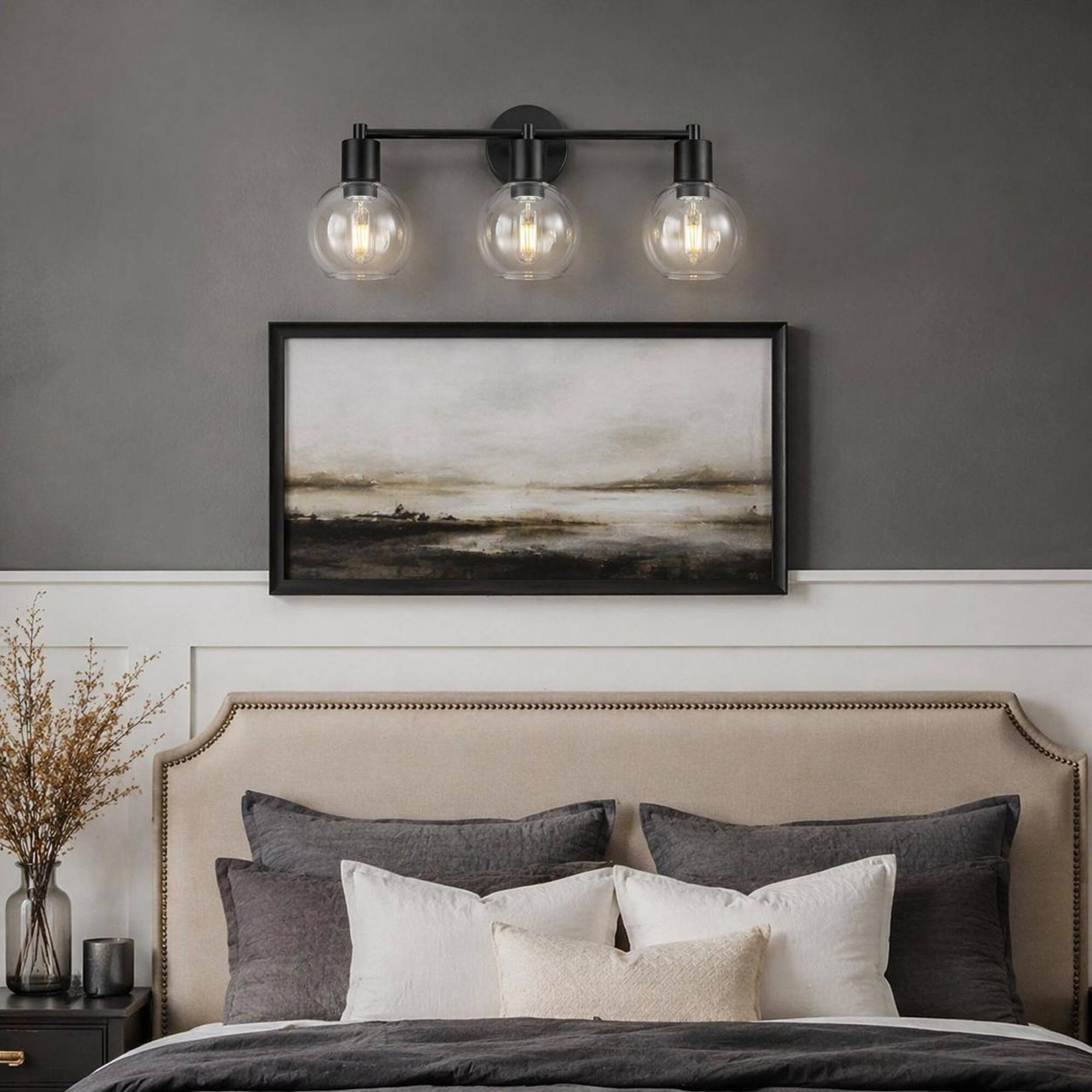 Left. RYHNUYNE - 3-Light Globe Wall Sconce, Industrial Black Metal Vanity Light with Clear Glass Shades for Bathroom, Bedroom.