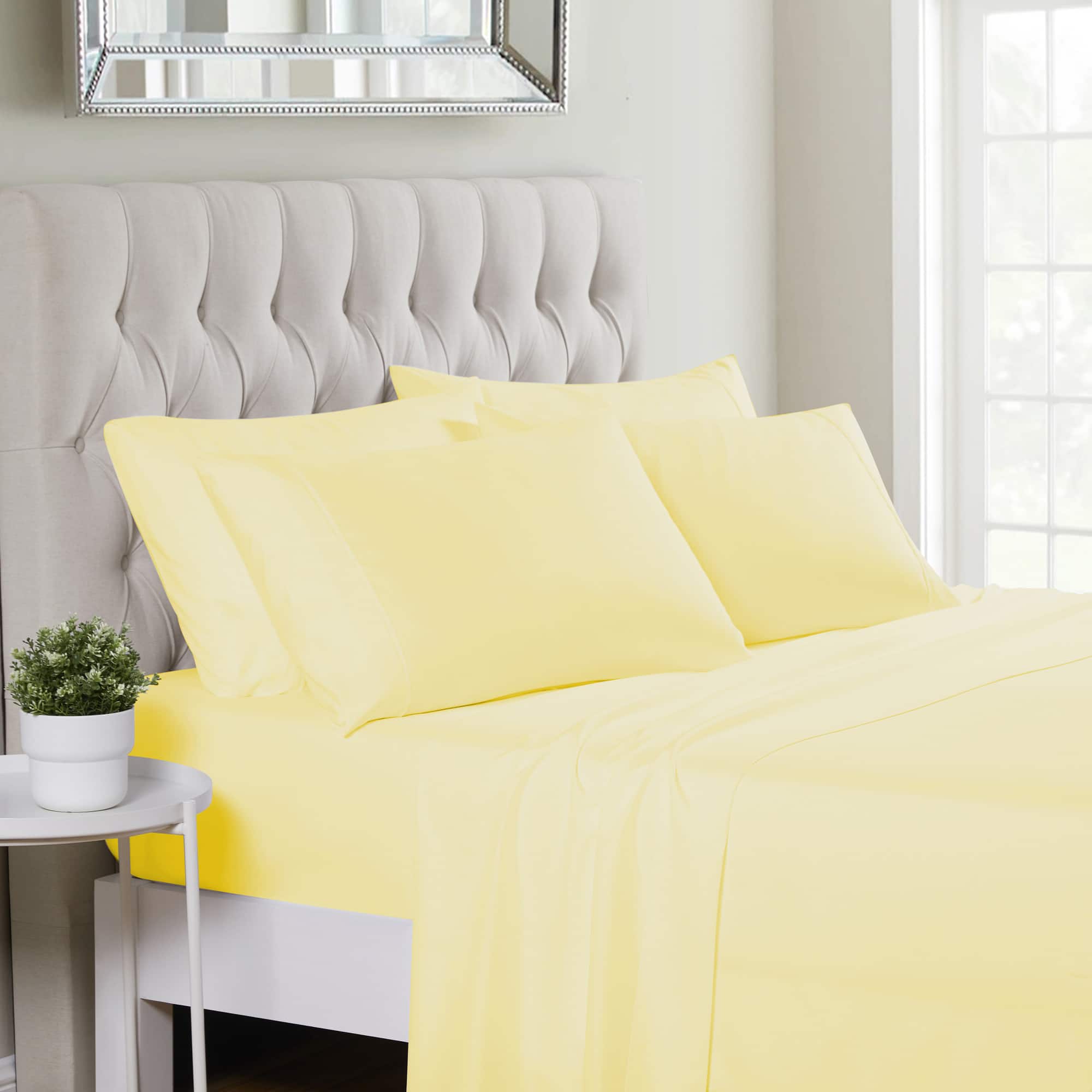 Front. Sweet Home Collection - Deluxe Microfiber Sheet Set with Bonus Pillowcases, Ultra Soft 1500 Series , Split King - Pale Yellow.