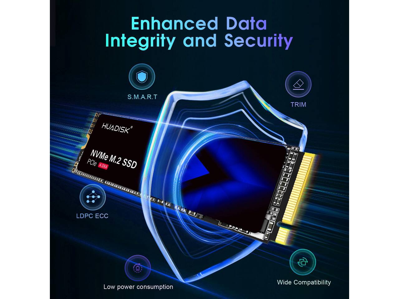 Enhanced Data Integrity and Security

S.M.A.R.T  
TRIM  
HUADISK  
NVMe M.2 PCIe 4.0X4 SSD  
LDPC ECC  
Low power consumption  
Wide Compatibility