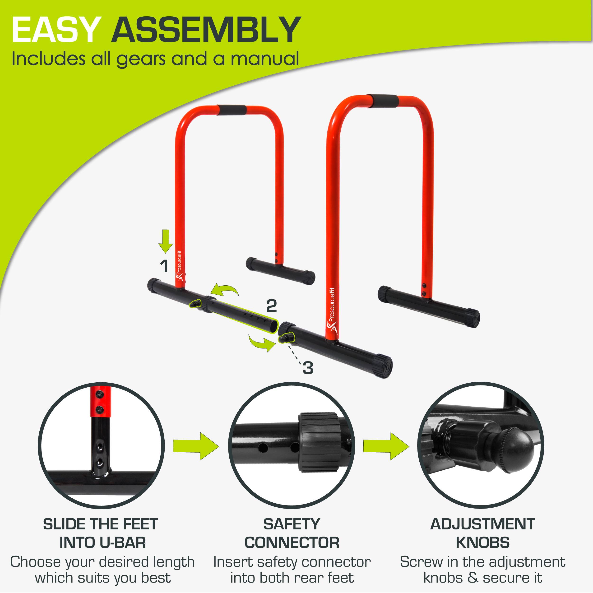 EASY ASSEMBLY Includes all gears and a manual

1. SLIDE THE FEET INTO U-BAR
   Choose your desired length which suits you best
2. SAFETY CONNECTOR
   Insert safety connector into both rear feet
3. ADJUSTMENT KNOBS
   Screw in the adjustment knobs & secure it
