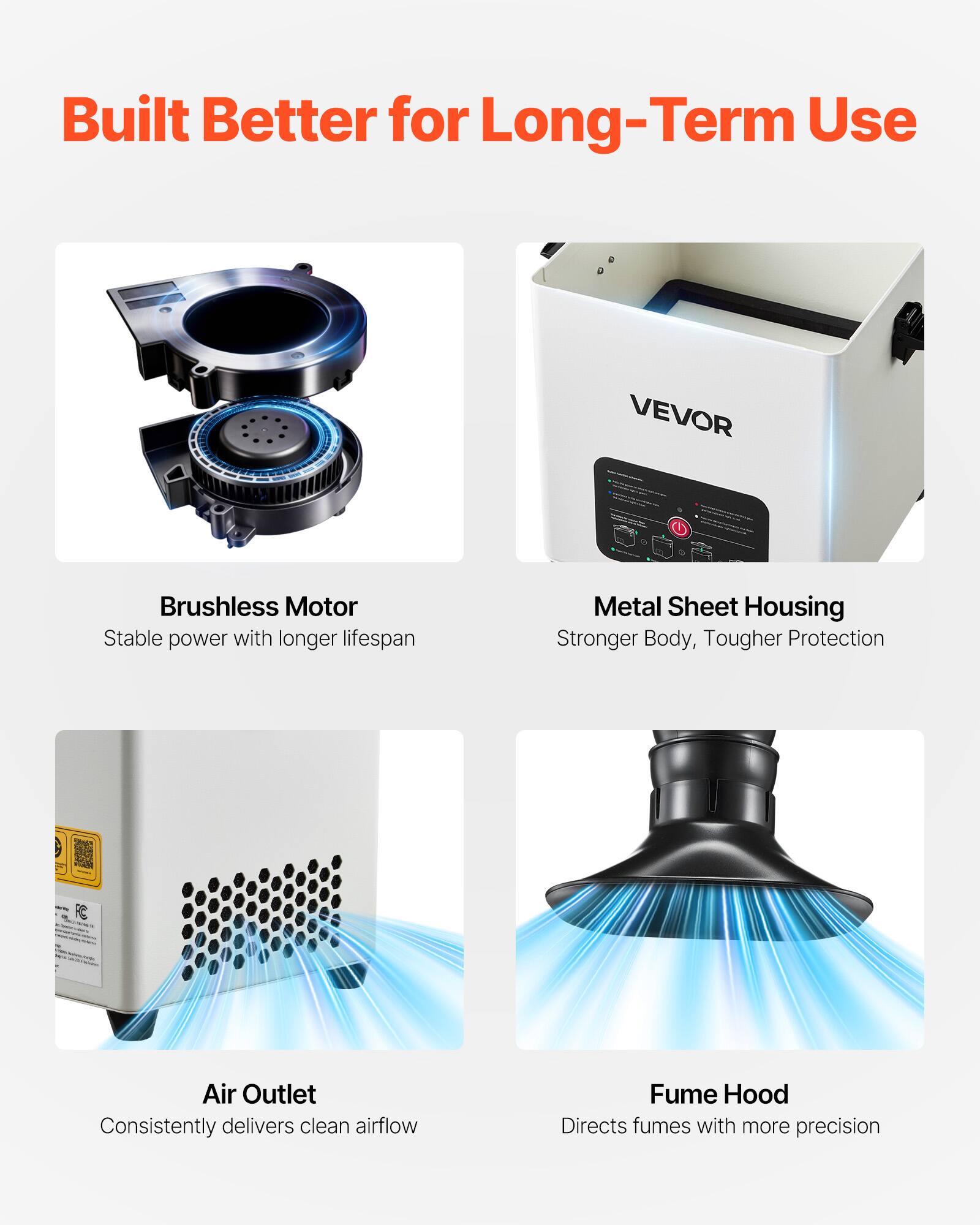 Built Better for Long-Term Use

- Brushless Motor
  - Stable power with longer lifespan

- Metal Sheet Housing
  - Stronger Body, Tougher Protection

- Air Outlet
  - Consistently delivers clean airflow

- Fume Hood
  - Directs fumes with more precision