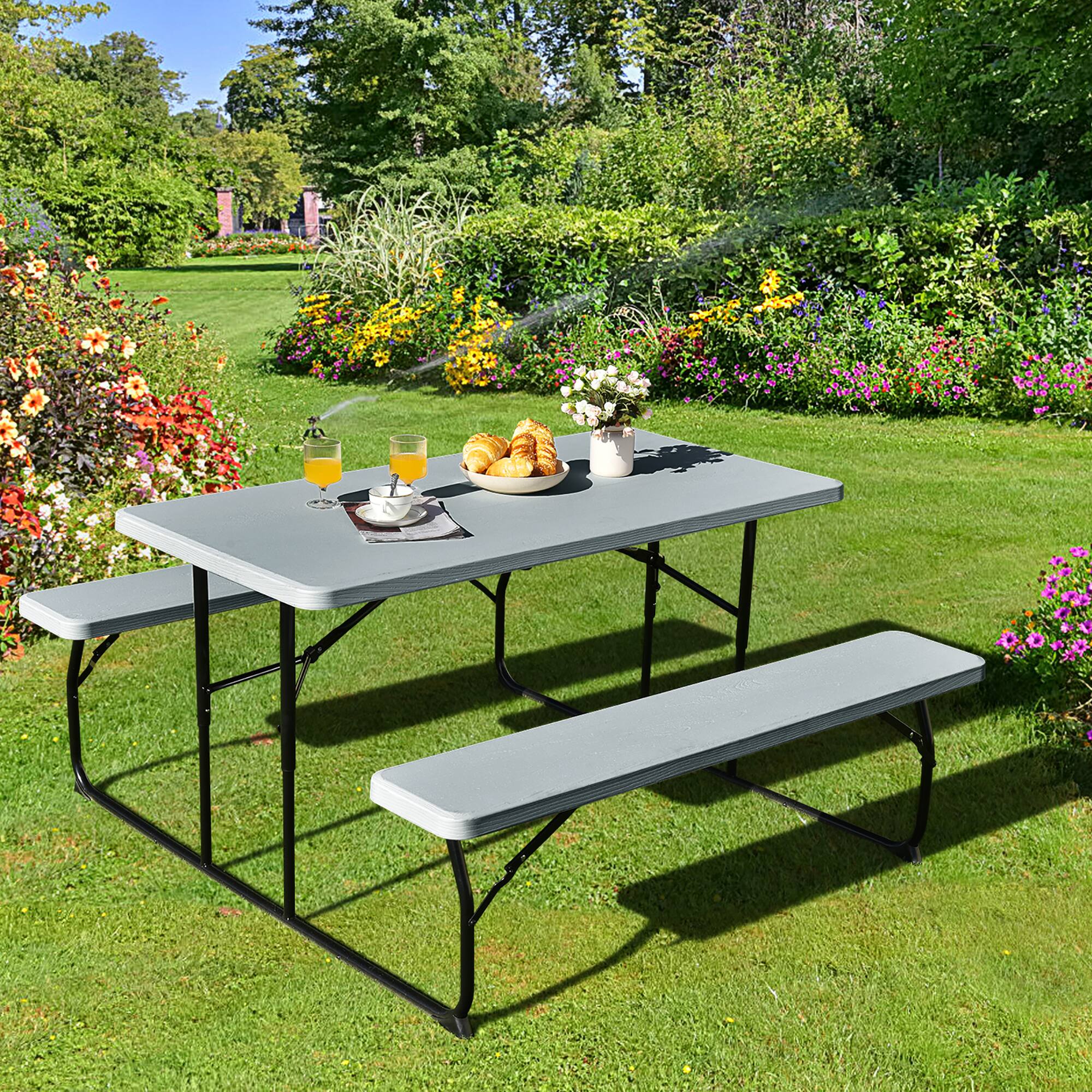 Alt View 1. Costway - Costway Indoor & Outdoor Folding Picnic Table Bench Set w/ Wood-like Texture - Grey.