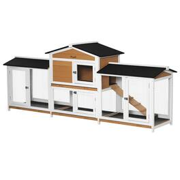 Pawhut - 90.5" Wooden Rabbit Hutch, Enclosure with Double Side Run Boxes, No Leak Tray, Ramp, Guinea Pig, Small Animals