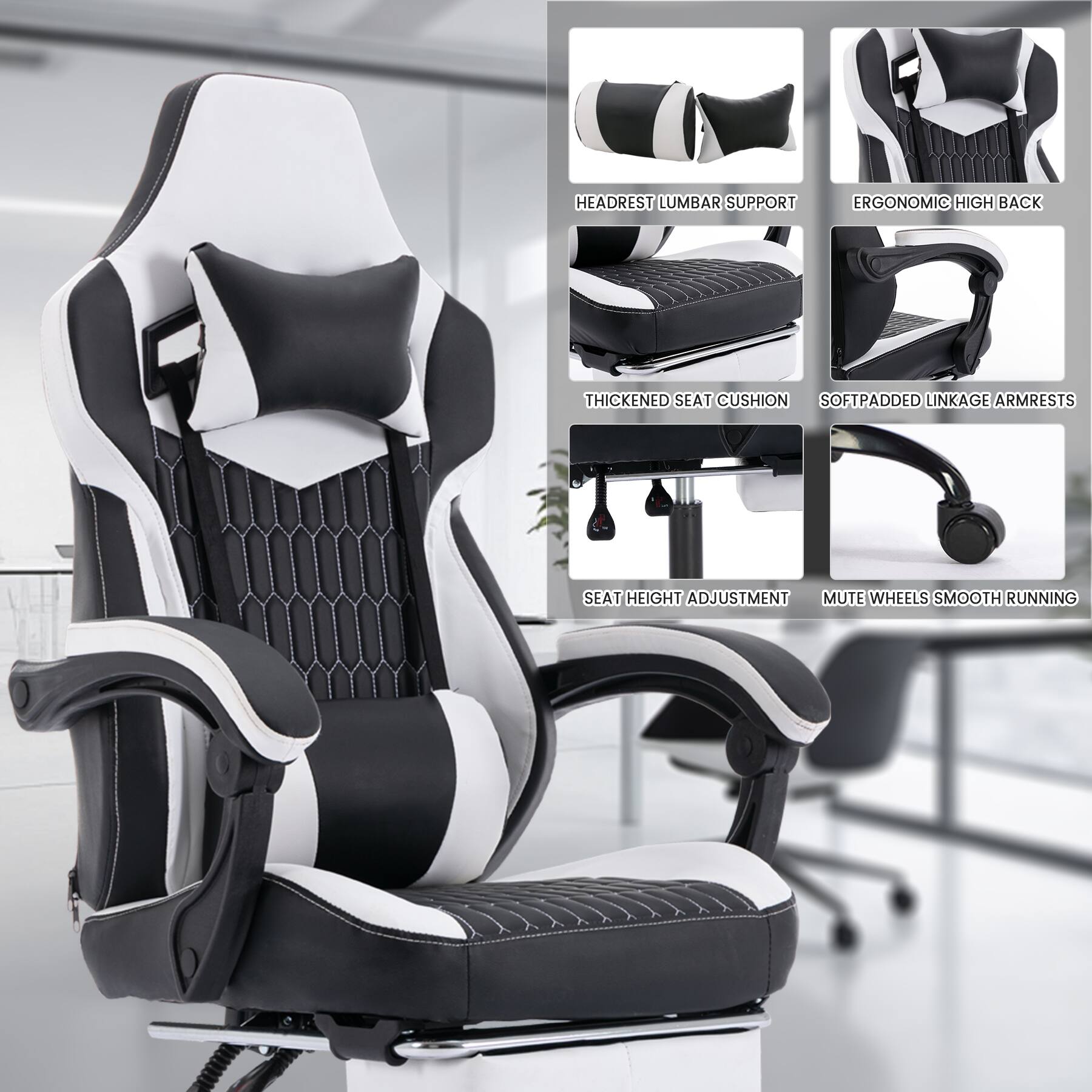 - Headrest Lumbar Support
- Ergonomic High Back
- Thickened Seat Cushion
- Softpadded Linkage Armrests
- Seat Height Adjustment
- Mute Wheels Smooth Running