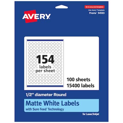 Go to avery.com/templates
AVERY
Use Avery™ Template Presta® 94503
154 labels per sheet
100 sheets
15400 labels
1/2" diameter Round Matte White Labels with Sure Feed® Technology for Laser/Inkjet