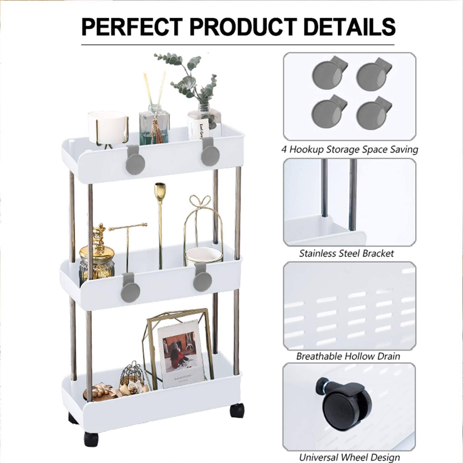 PERFECT PRODUCT DETAILS

- 4 Hookup Storage Space Saving
- Stainless Steel Bracket
- Breathable Hollow Drain
- Universal Wheel Design