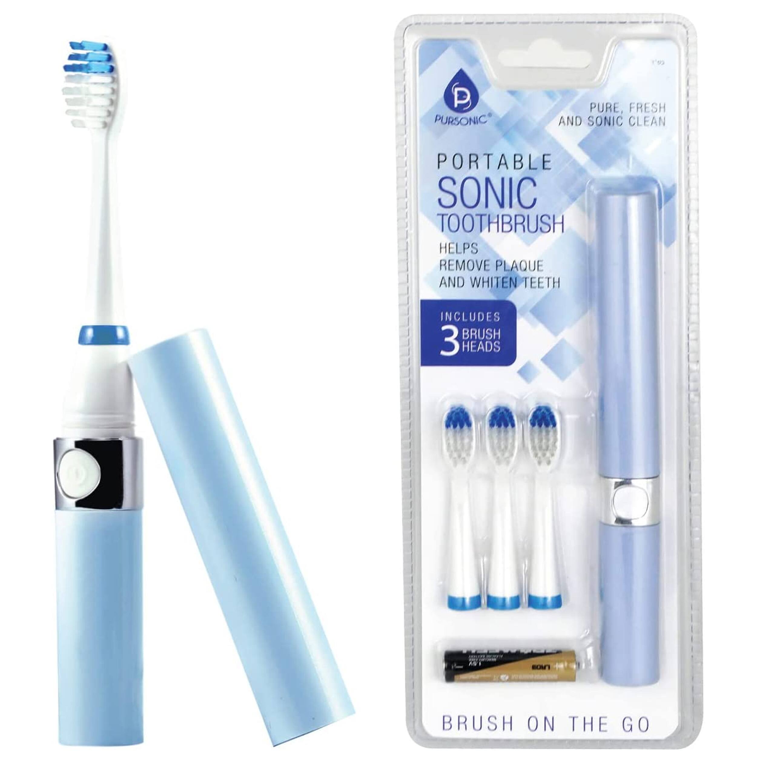 P PURSONIC PURE, FRESH AND SONIC CLEAN PORTABLE SONIC TOOTHBRUSH HELPS REMOVE PLAQUE AND WHITEN TEETH INCLUDES BRUSH 3 HEADS BRUSH ON THE GO