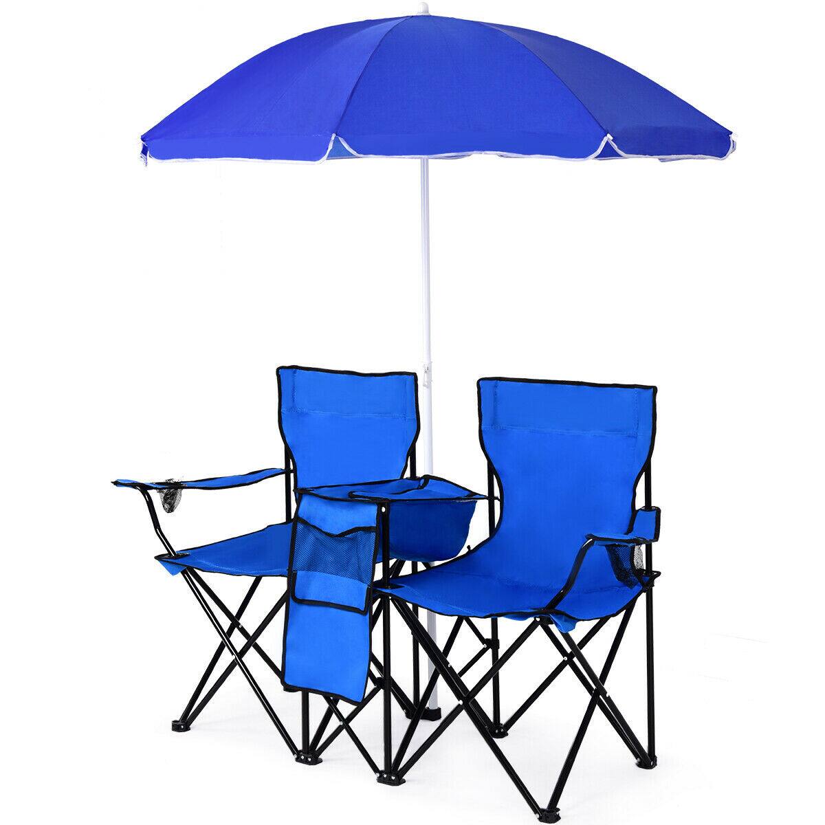 Alt View 16. Costway - Portable Folding Picnic Double Chair W/Umbrella Table Cooler Beach Camping Chair - Blue.