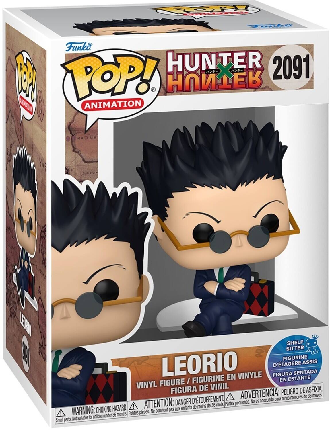 Sure, here is the corrected and grouped text from the image:

---

**Funko POP! Animation**

**HUNTER X HUNTER**

**2091**

**LEORIO**

**VINYL FIGURE / FIGURINE EN VINYLE / FIGURA DE VINIL**

**SHELF SITTER / FIGURINE D'ÉTAGÈRE ASSIS / FIGURA SENTADA EN ESTANTE**

**WARNING: CHOKING HAZARD. Small parts. Not suitable for children under 36 months.**

**ADVERTENCIA: PELOJO DE ASFIXIA. Partes pequeñas. No es adecuado para niños menores de 36 meses.**

**ATTENTION: PELIGRO DE ASFIXIA. Petites pièces. Ne convient pas aux enfants de moins de 36 mois.**

---

This text is grouped and corrected for clarity.