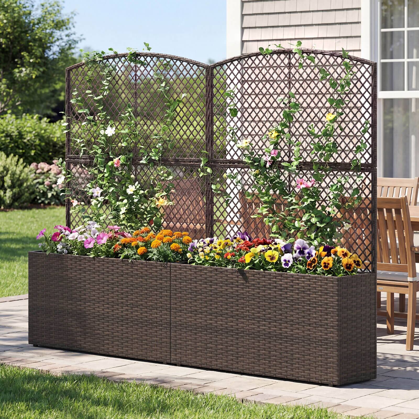 Alt View 3. Costway - Costway 1 PCS 58" Raised Garden Bed with Trellis, Wicker Planter Box with Privacy Screen - Brown.