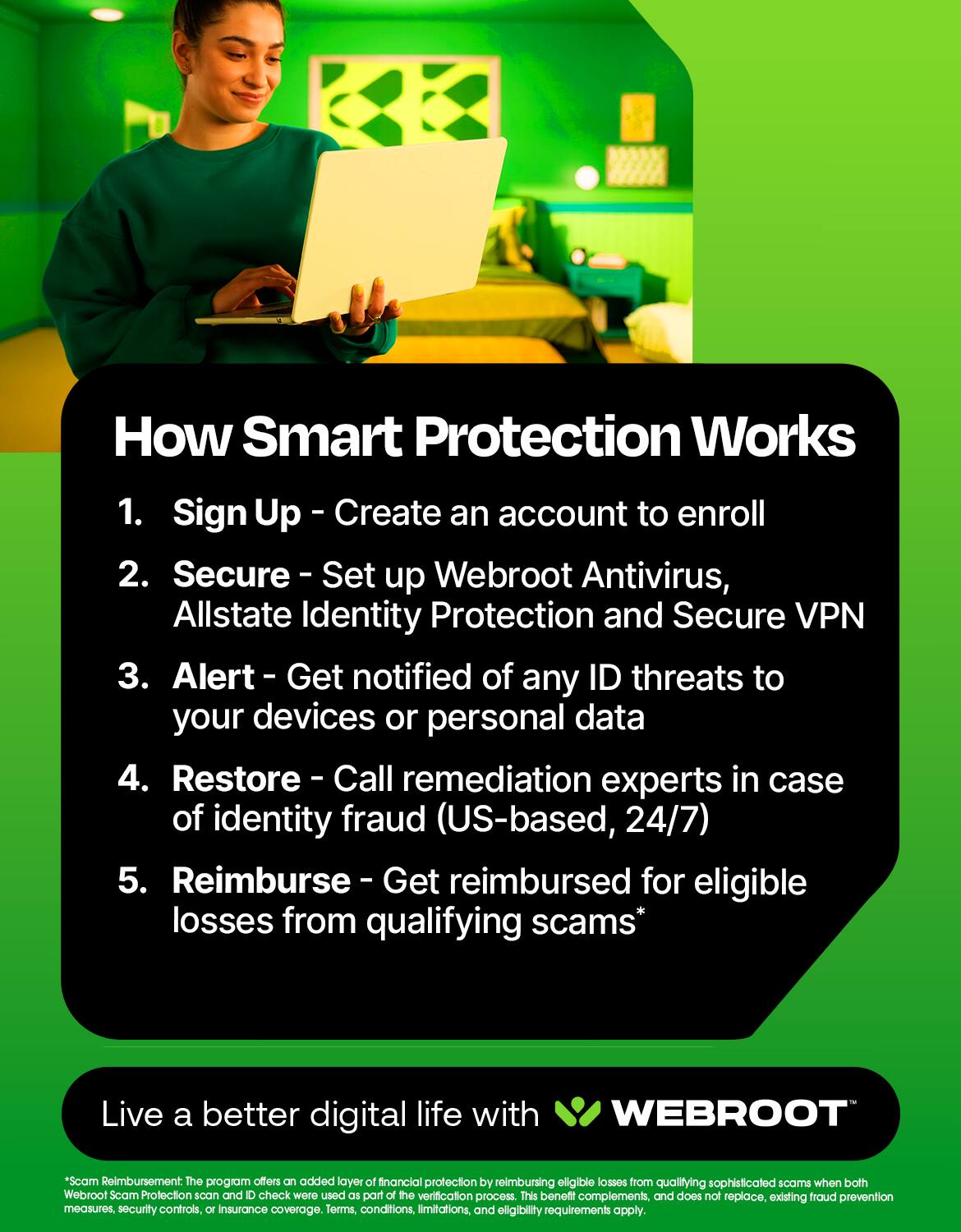 How Smart Protection Works
1. Sign Up - Create an account to enroll
2. Secure - Set up Webroot Antivirus, Allstate Identity Protection and Secure VPN
3. Alert - Get notified of any ID threats to your devices or personal data
4. Restore - Call remediation experts in case of identity fraud (US-based, 24/7)
5. Reimburse - Get reimbursed for eligible losses from qualifying scams*

Live a better digital life with WEBROOT

*Scam Reimbursement: The program offers an added layer of financial protection by reimbursing eligible losses from qualifying sophisticated scams when both Webroot Scam Protection scan and ID check were used as part of the verification process. This benefit complements, and does not replace, existing fraud prevention measures, security controls, 10 insurance coverage. Terms, conditions, limitations, and eligibility requirements apply.