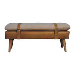 Artisan Furniture - Solid Wood Bouclé Buffalo Hide Tan Leather Bench, Upholstered - Brown & Cream