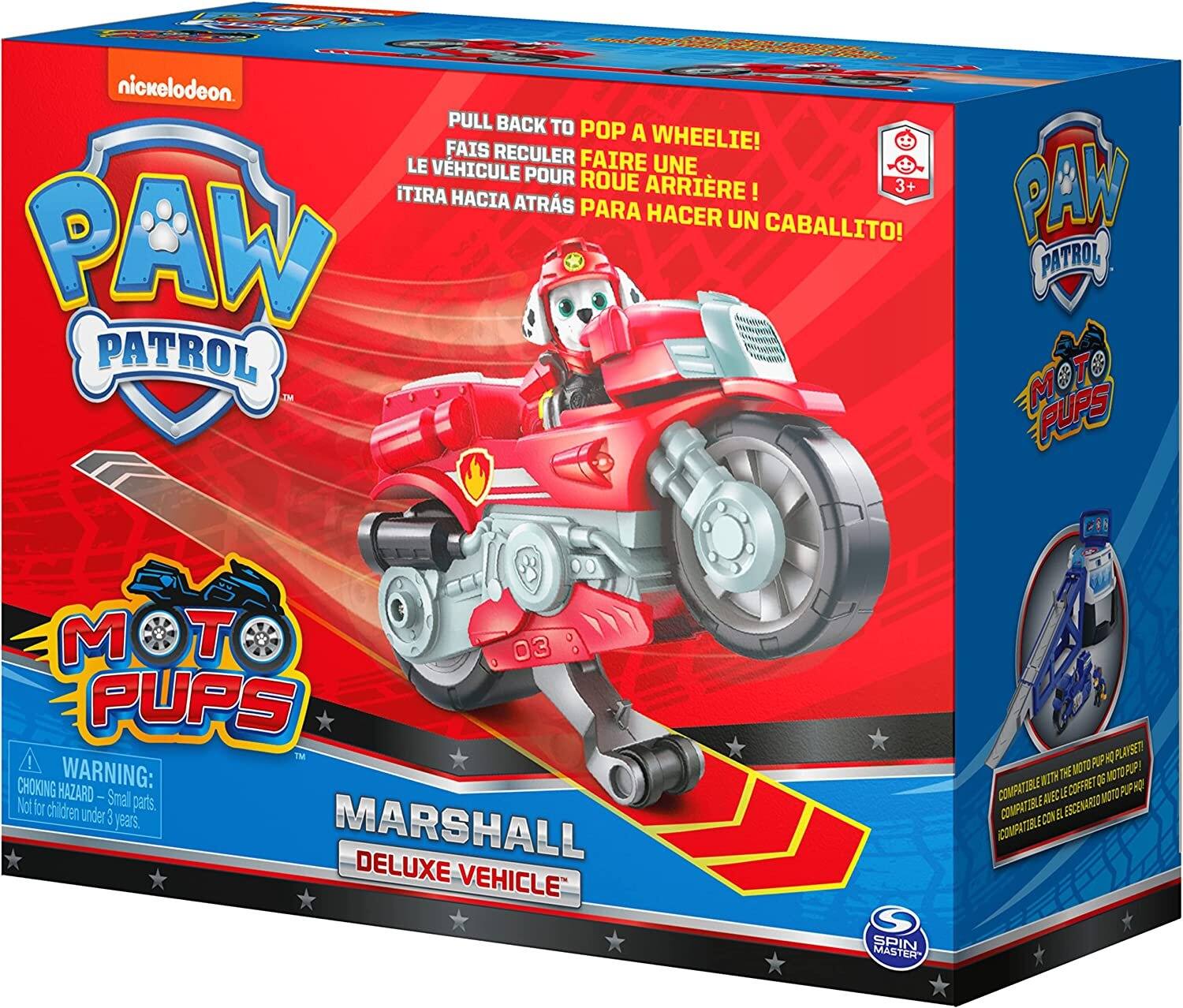 nickelodeon.  
PAW PATROL  
MOT PUPS  
MARSHALL DELUXE VEHICLE  

PULL BACK TO POP A WHEELIE!  
FAIS RECULER LE VÉHICULE POUR FAIRE UNE ROUE ARRRIÈRE!  
¡TIRA HACIA ATRÁS PARA HACER UN CABALLITO!  

WARNING: CHOKING HAZARD - Small parts. Not for children under 3 years.  

COMPATIBLE WITH THE MOTOPUP PLAYSET!  
COMPATIBLE AVEC LE PLAYSET MOTOPUP!  
COMPATIBLE CON EL JUGUETE MOTOPUP!  

SPIN MASTER