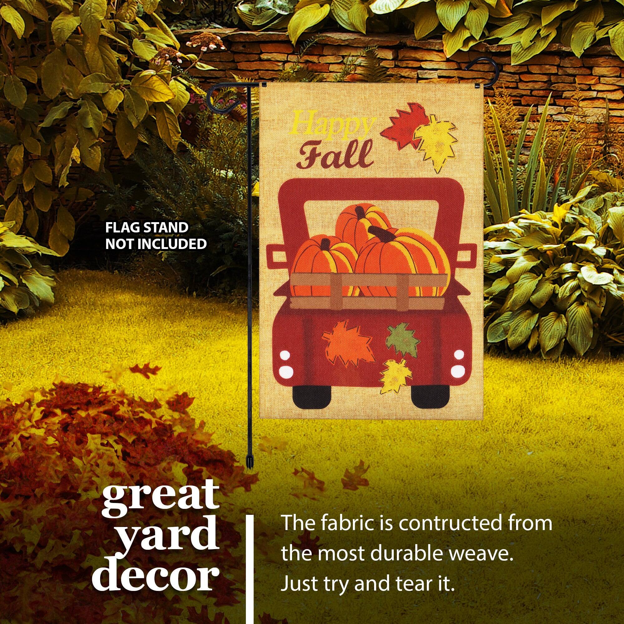 Happy Fall  
FLAG STAND NOT INCLUDED  
great yard decor  

The fabric is constructed from the most durable weave. Just try and tear it.
