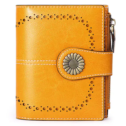 Front. Wikistore - WIKISTORE Small Womens Wallet Leather Bifold Card Holder RFID Blocking Zipper Pocket - Orange.
