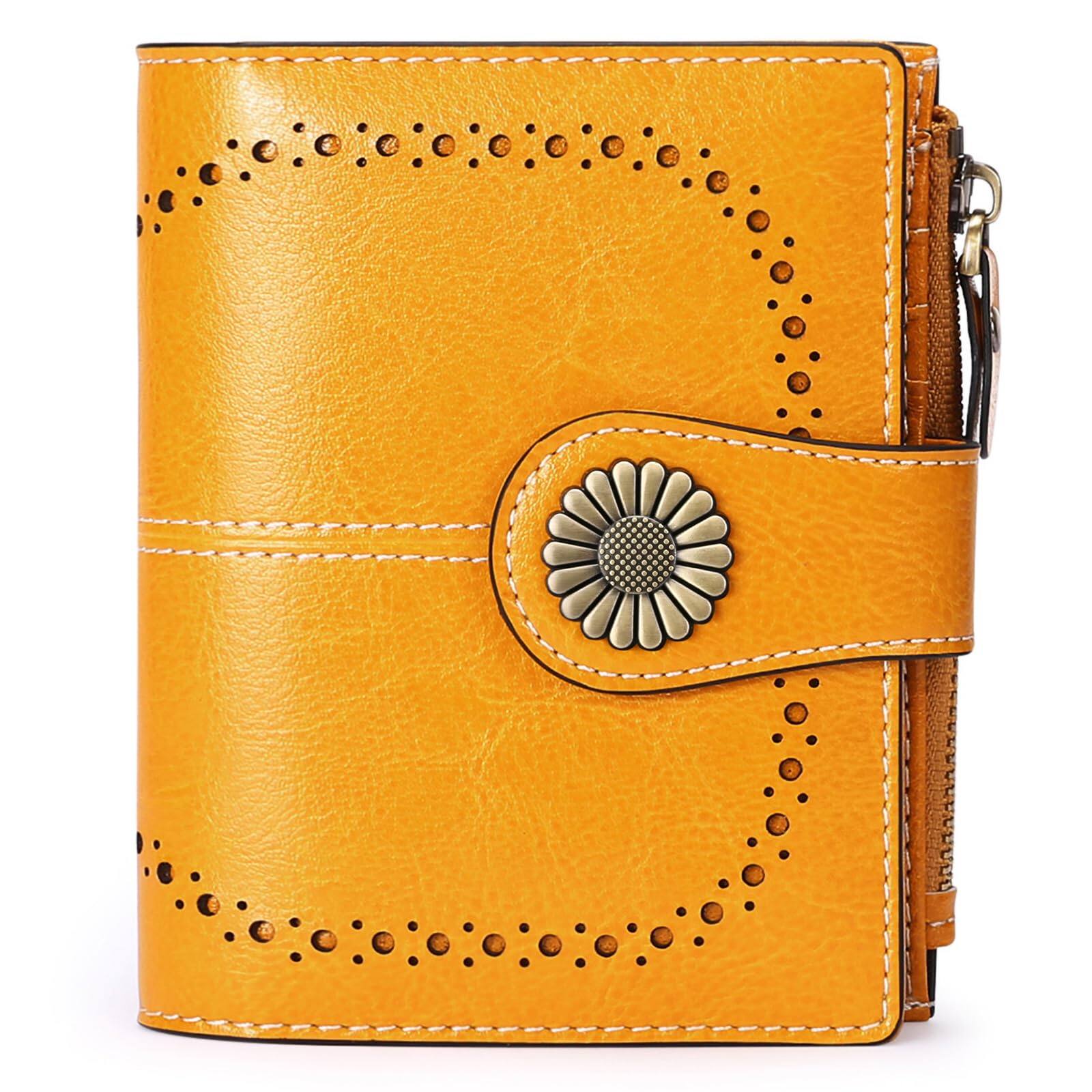 Front. Wikistore - WIKISTORE Small Womens Wallet Leather Bifold Card Holder RFID Blocking Zipper Pocket - Orange.